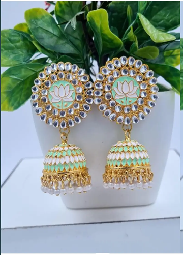 Mint Green Lotus Meenakari Jhumka Earrings – A Symbol of Grace and Serenity