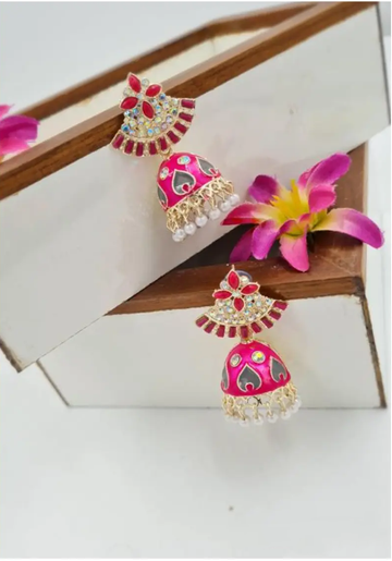 Rajasthani Magenta Enamel Jhumka Earrings with Pearl Detailing