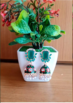 Emerald Green Floral Enamel Jhumka Earrings with Pearl Accents