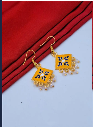 Traditional Yellow-Blue Enamel Drop Earrings with Pearl Detailing