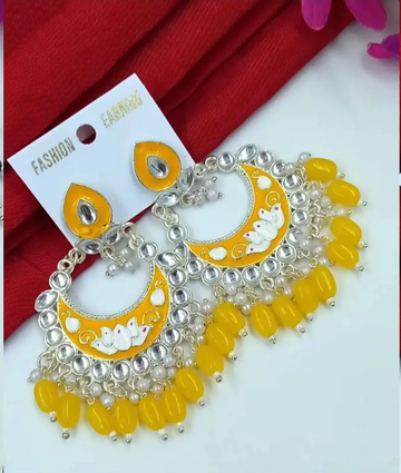 "Gulab Kiran" Yellow Meenakari Chandbali Earrings