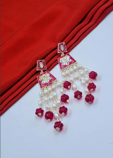 "Rasrang Phool" Pink Kundan & Pearl Drop Earrings