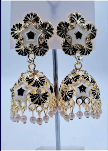 "Shubh Sitara" Black & Gold Jhumka Earrings with Pearl Drops