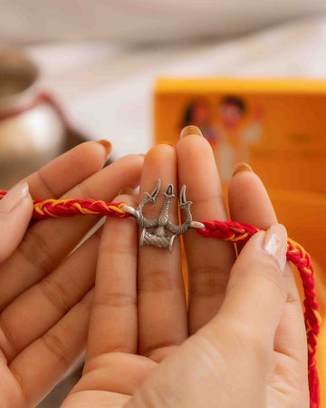 Premium Handcrafted 925 Silver Trishul Rakhi with Red Moli Thread – Spiritual Raksha Bandhan Gift for Brother