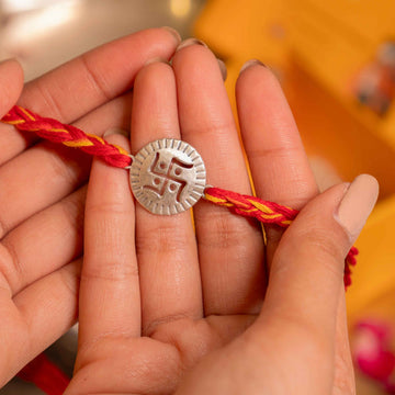 Swastik Rakhi for Brother – Pure 92.5 Silver Rakhi on Red-Yellow Thread by Aneytri