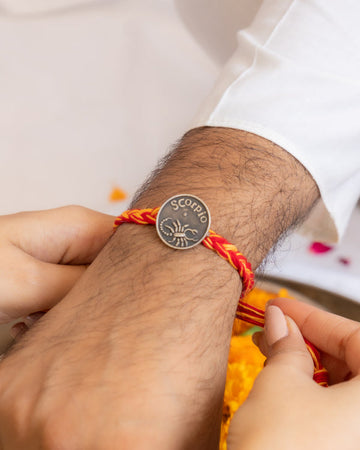 Scorpio Zodiac Rakhi in 92.5 Silver – Bold Raksha Bandhan Thread with Red Moli