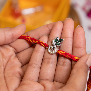 Tulsi Leaf Design Silver Rakhi in 92.5 Silver with Red Moli Thread – Sacred Rakhi for Brother