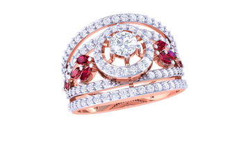 925 Silver Traditional Crescent Couple Ring – Red Stone Accent in Rose Gold Finish