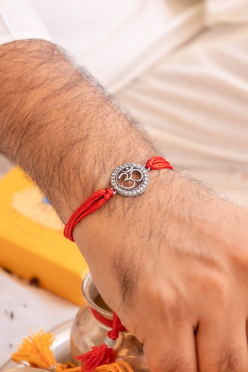 92.5 Silver Om Rakhi with CZ Stones and Moli Thread – Aneytri Raksha Bandhan Collection
