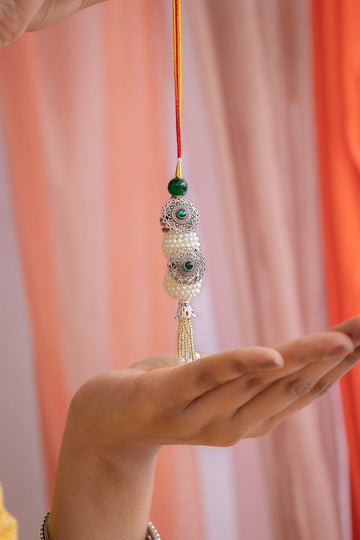 Premium Silver Lumba Rakhi with Evil Eye & Pearls | Raksha Bandhan Designer Rakhi for Bhabhi