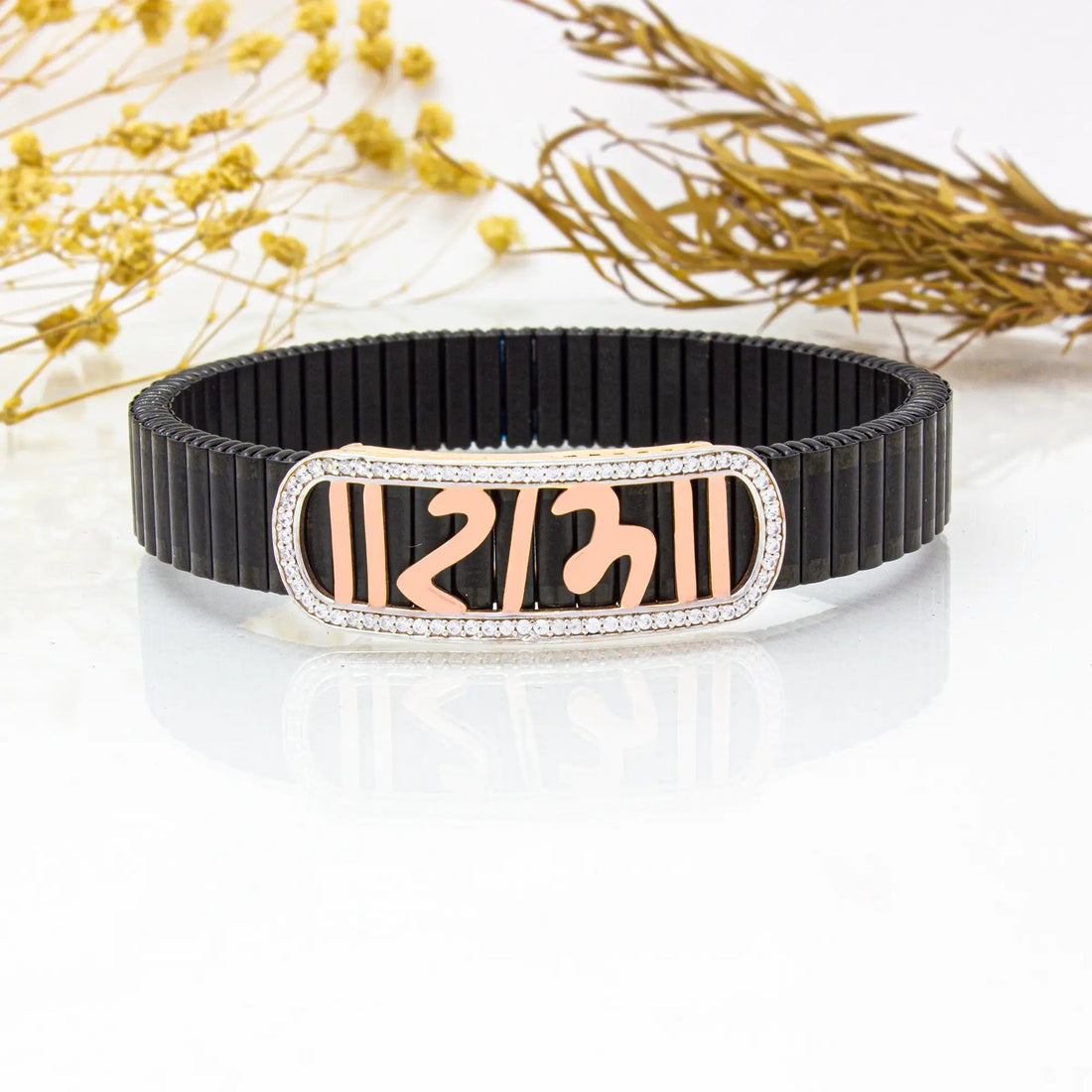 925 Silver Men’s Bracelet – Floral Traditional Design with Black Band