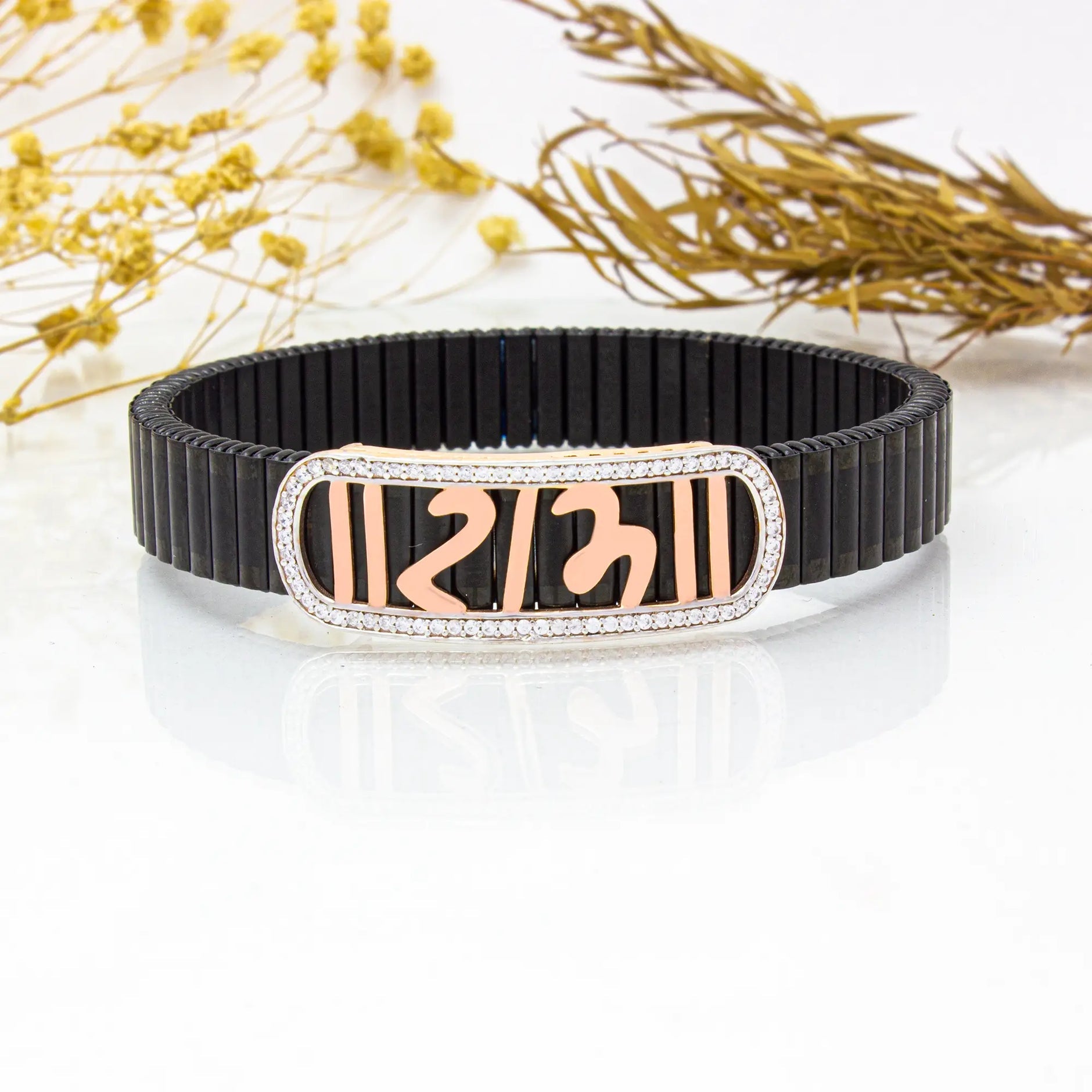 925 Silver Men’s Bracelet – Floral Traditional Design with Black Band