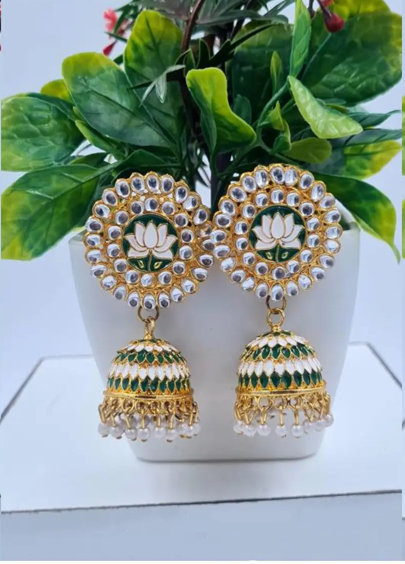 Mint Green Lotus Meenakari Jhumka Earrings – A Symbol of Grace and Serenity