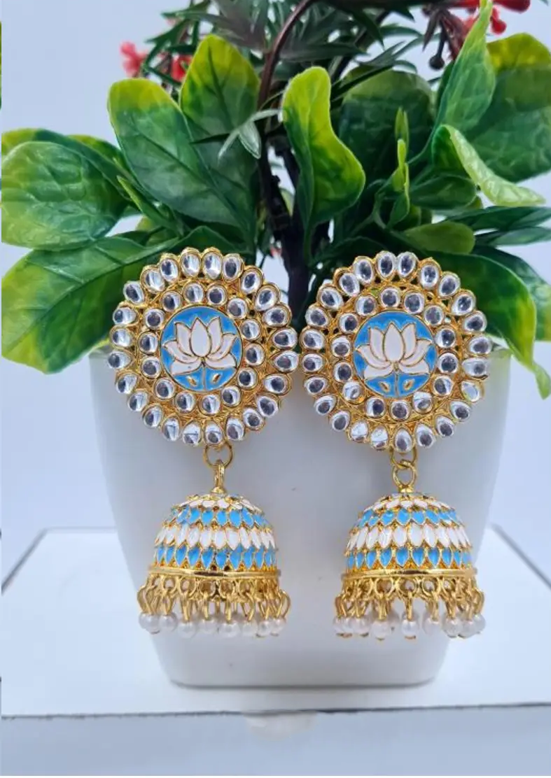 Mint Green Lotus Meenakari Jhumka Earrings – A Symbol of Grace and Serenity