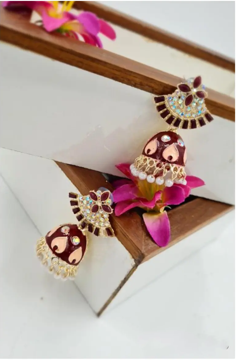 Rajasthani Magenta Enamel Jhumka Earrings with Pearl Detailing