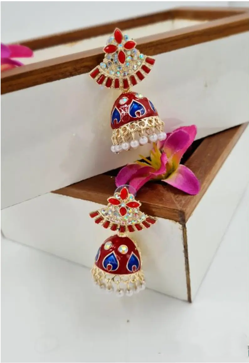 Rajasthani Magenta Enamel Jhumka Earrings with Pearl Detailing