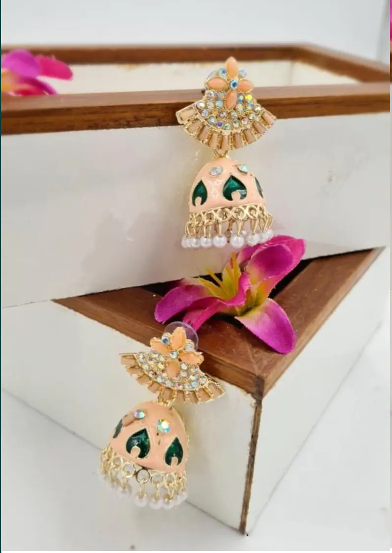 Rajasthani Magenta Enamel Jhumka Earrings with Pearl Detailing