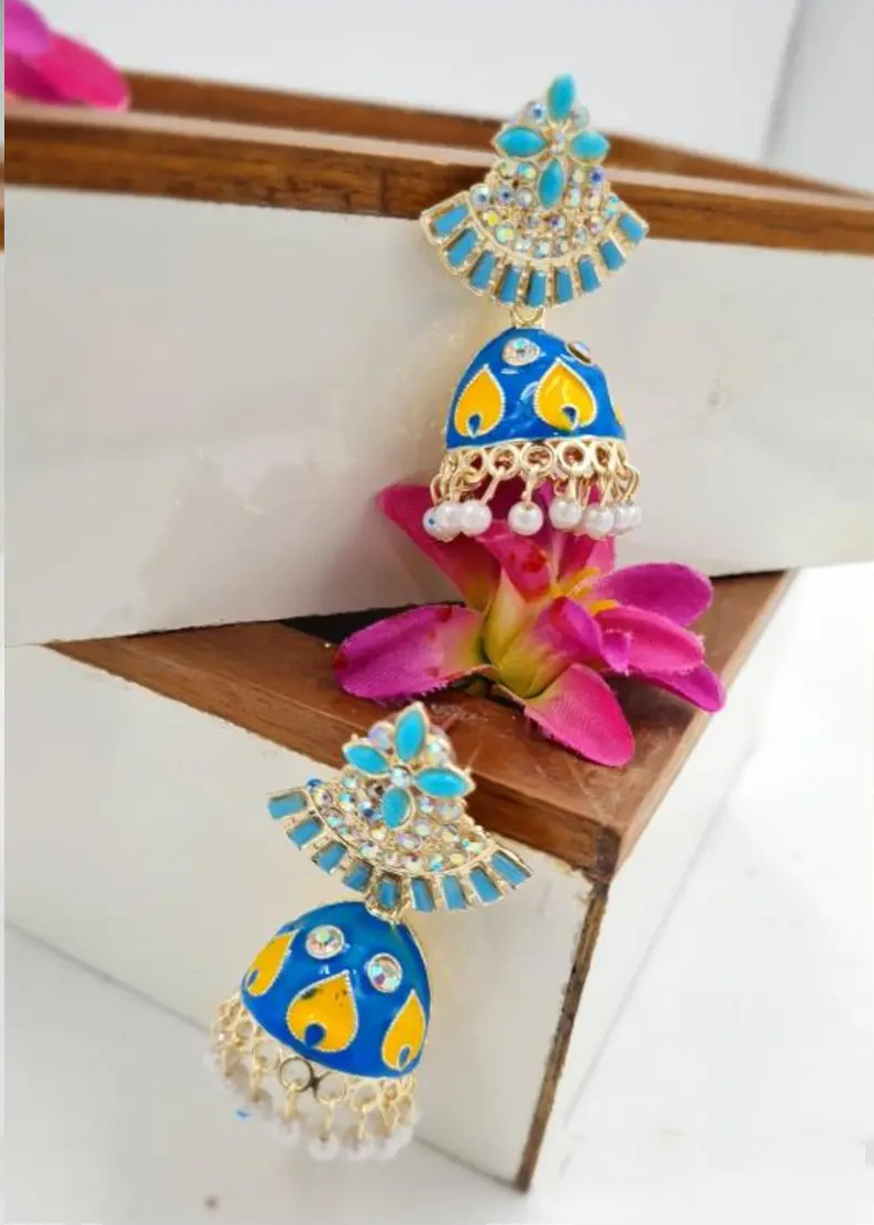 Rajasthani Magenta Enamel Jhumka Earrings with Pearl Detailing
