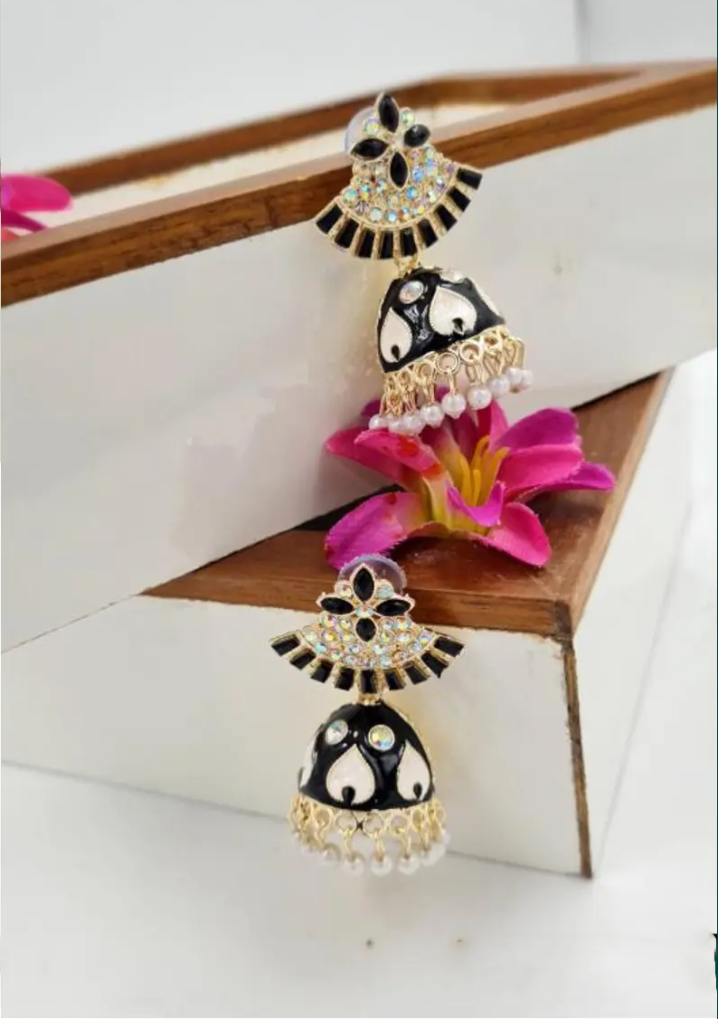 Rajasthani Magenta Enamel Jhumka Earrings with Pearl Detailing