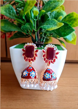 Emerald Green Floral Enamel Jhumka Earrings with Pearl Accents