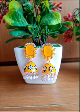 Emerald Green Floral Enamel Jhumka Earrings with Pearl Accents