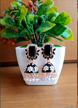 Emerald Green Floral Enamel Jhumka Earrings with Pearl Accents