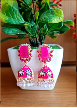 Emerald Green Floral Enamel Jhumka Earrings with Pearl Accents