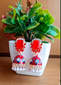 Emerald Green Floral Enamel Jhumka Earrings with Pearl Accents