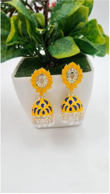 Rajasthani Yellow & Blue Jhumka Earrings with Pearl Drops