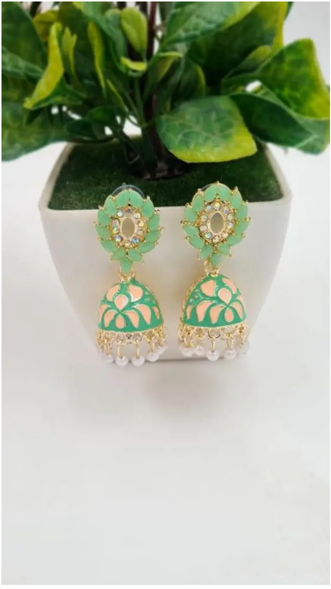 Rajasthani Yellow & Blue Jhumka Earrings with Pearl Drops