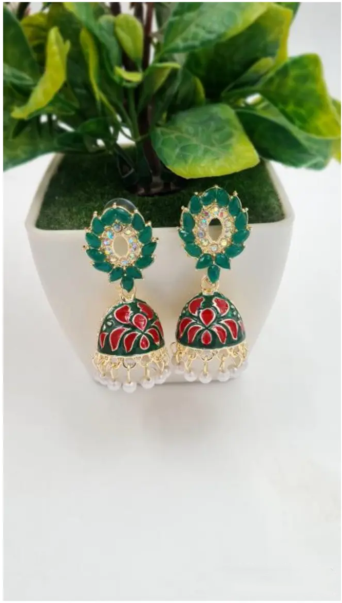 Rajasthani Yellow & Blue Jhumka Earrings with Pearl Drops
