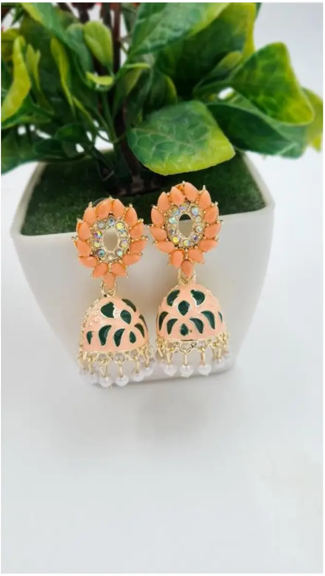Rajasthani Yellow & Blue Jhumka Earrings with Pearl Drops