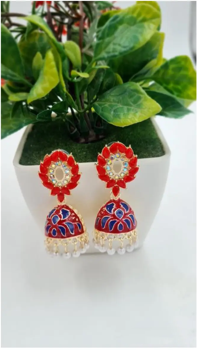 Rajasthani Yellow & Blue Jhumka Earrings with Pearl Drops