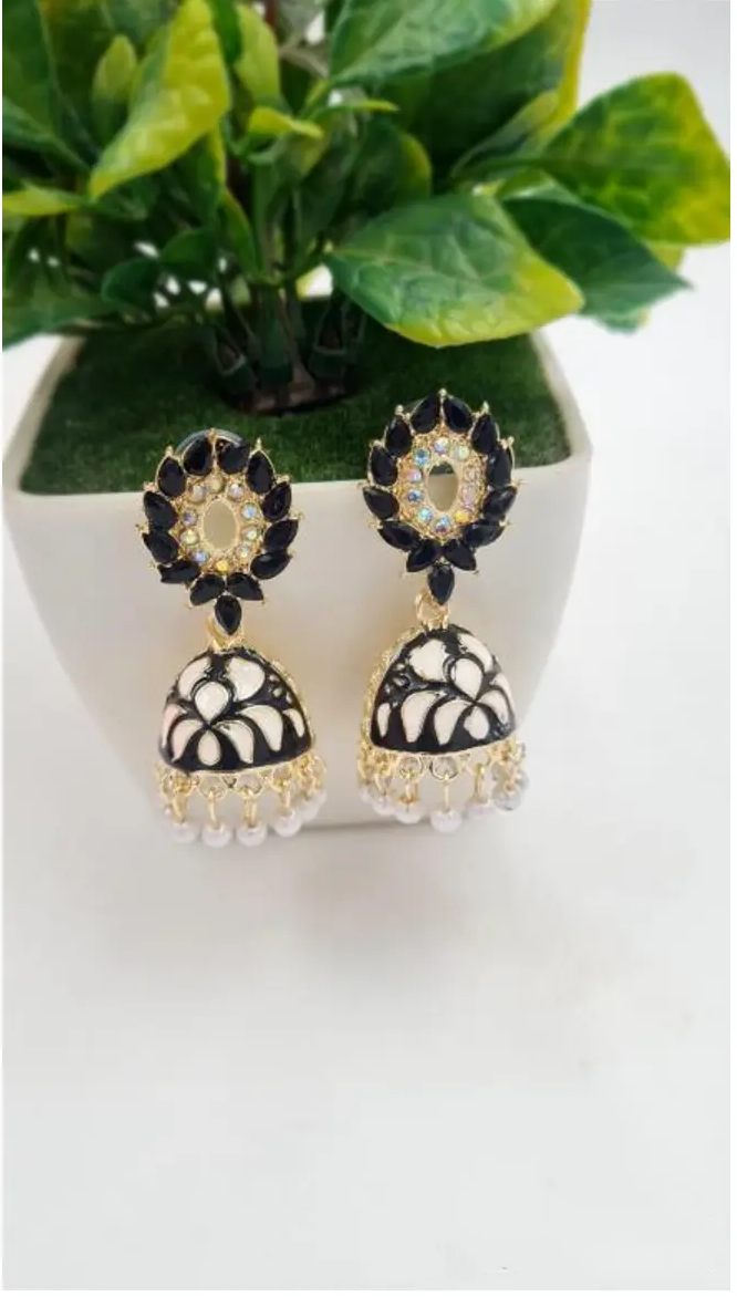 Rajasthani Yellow & Blue Jhumka Earrings with Pearl Drops