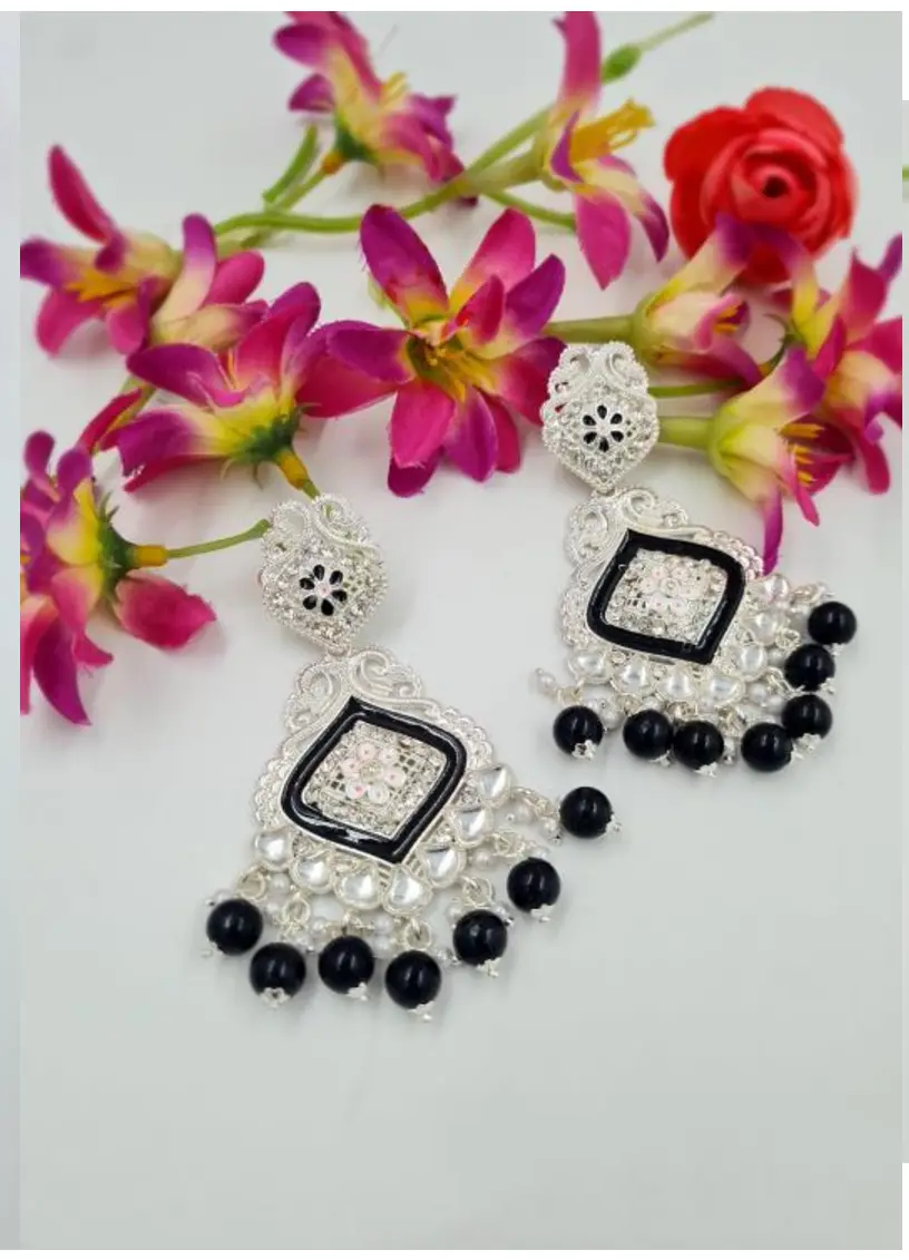 Elegant Silver-Black Rajasthani Chandbali Earrings with Bead Detailing