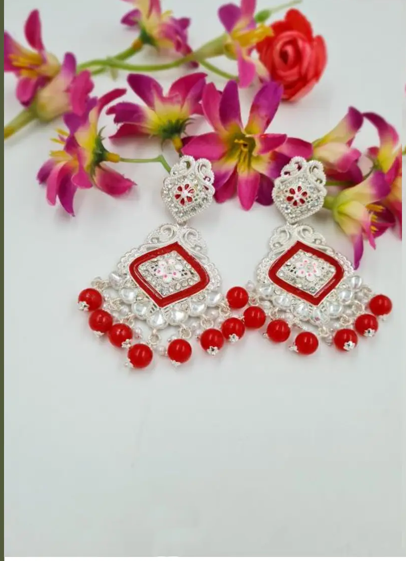 Elegant Silver-Black Rajasthani Chandbali Earrings with Bead Detailing