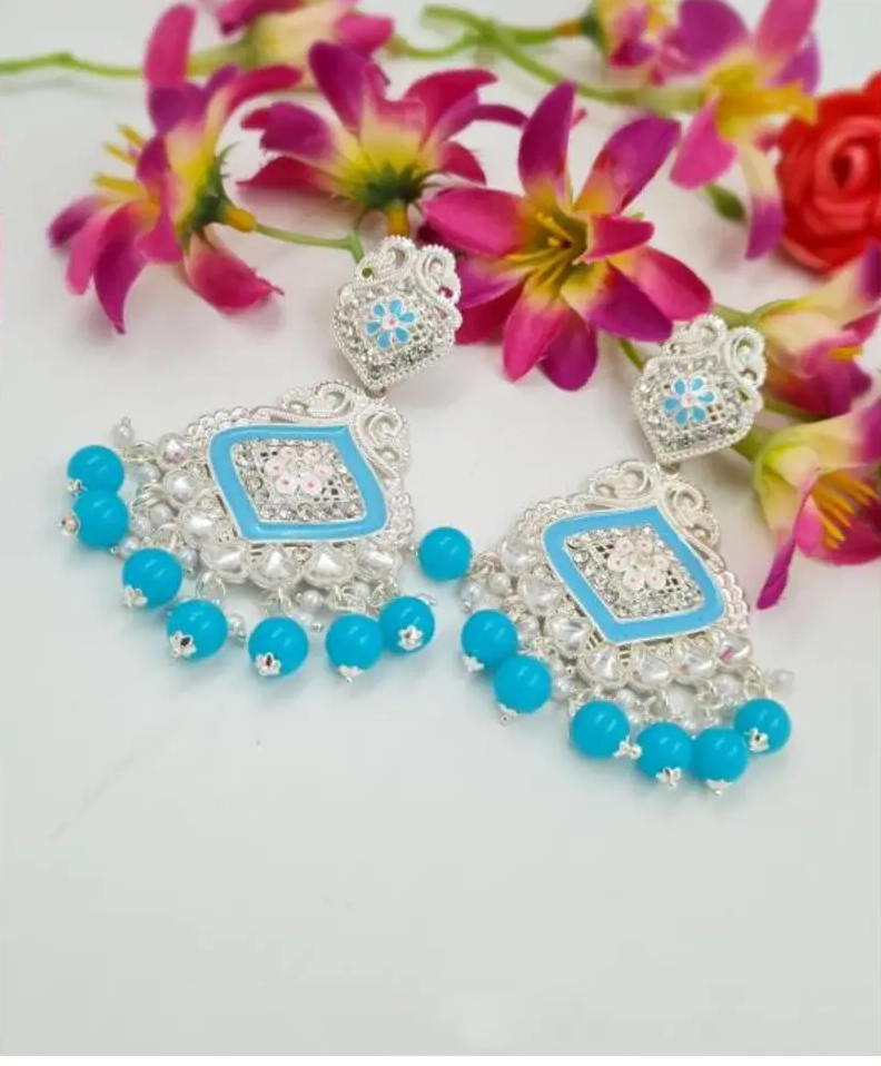 Elegant Silver-Black Rajasthani Chandbali Earrings with Bead Detailing