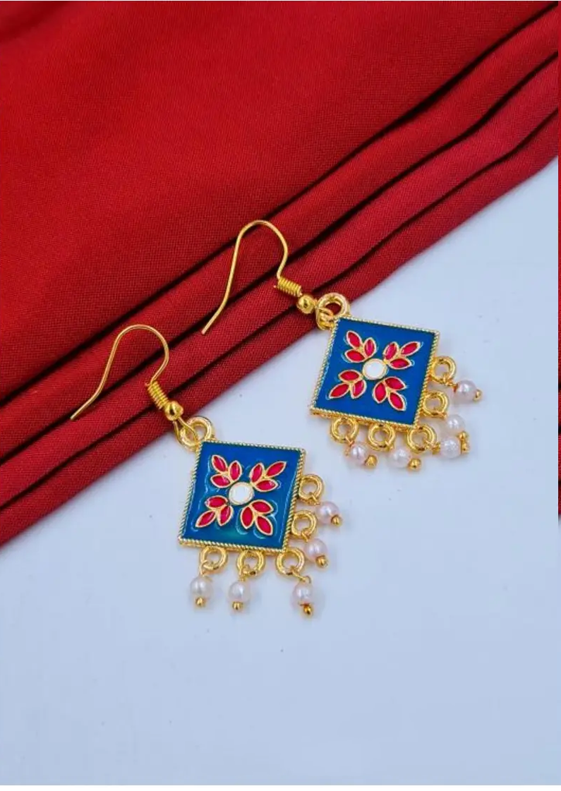 Traditional Yellow-Blue Enamel Drop Earrings with Pearl Detailing