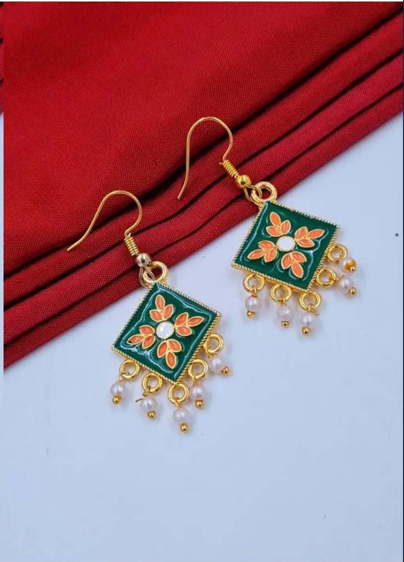 Traditional Yellow-Blue Enamel Drop Earrings with Pearl Detailing