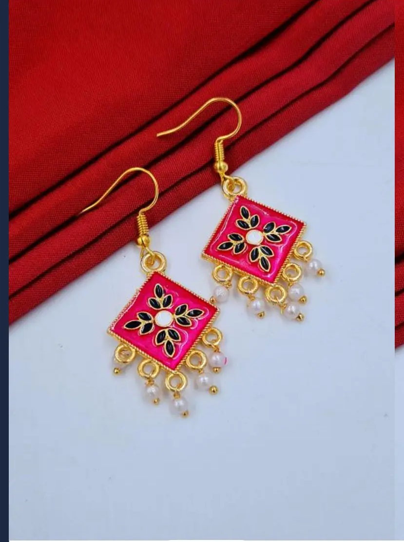 Traditional Yellow-Blue Enamel Drop Earrings with Pearl Detailing