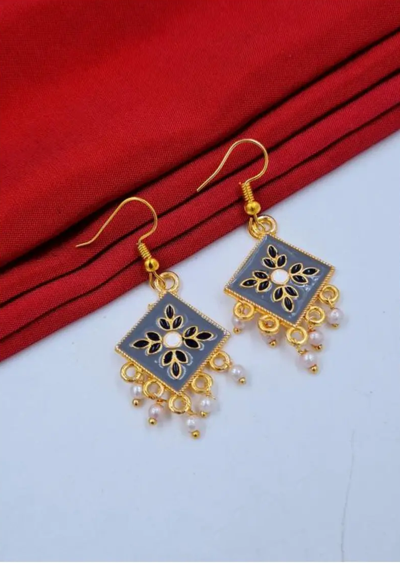 Traditional Yellow-Blue Enamel Drop Earrings with Pearl Detailing