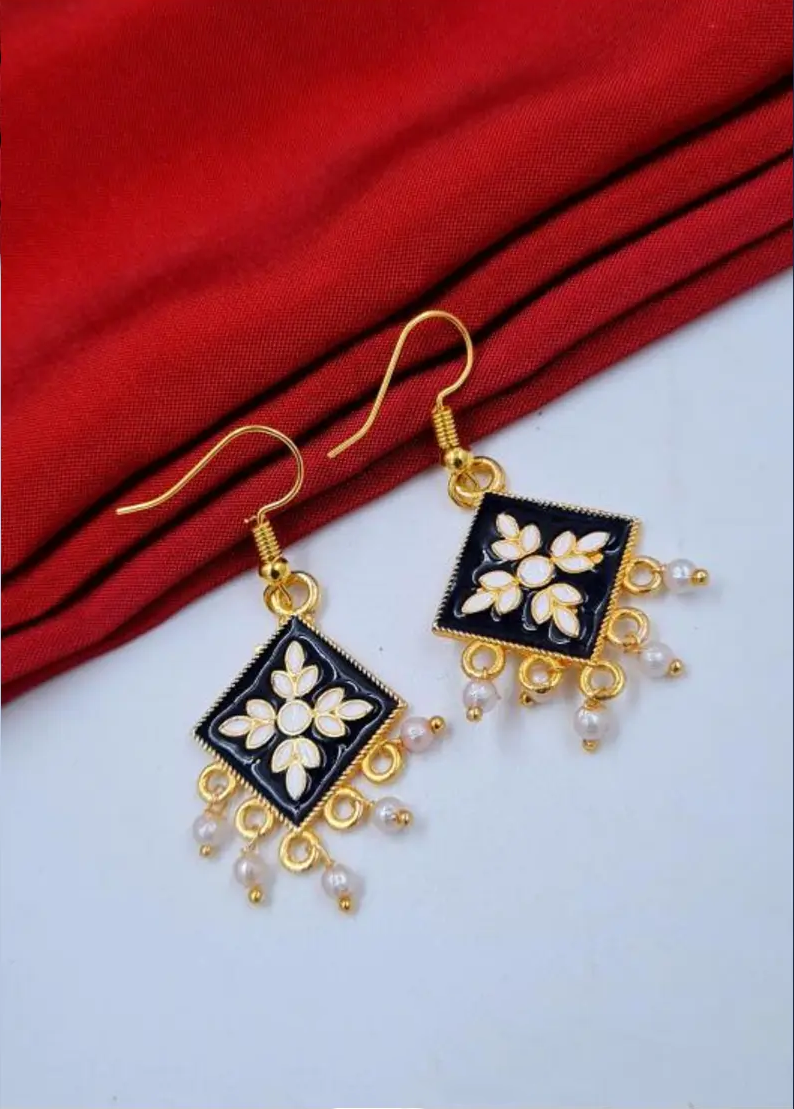 Traditional Yellow-Blue Enamel Drop Earrings with Pearl Detailing