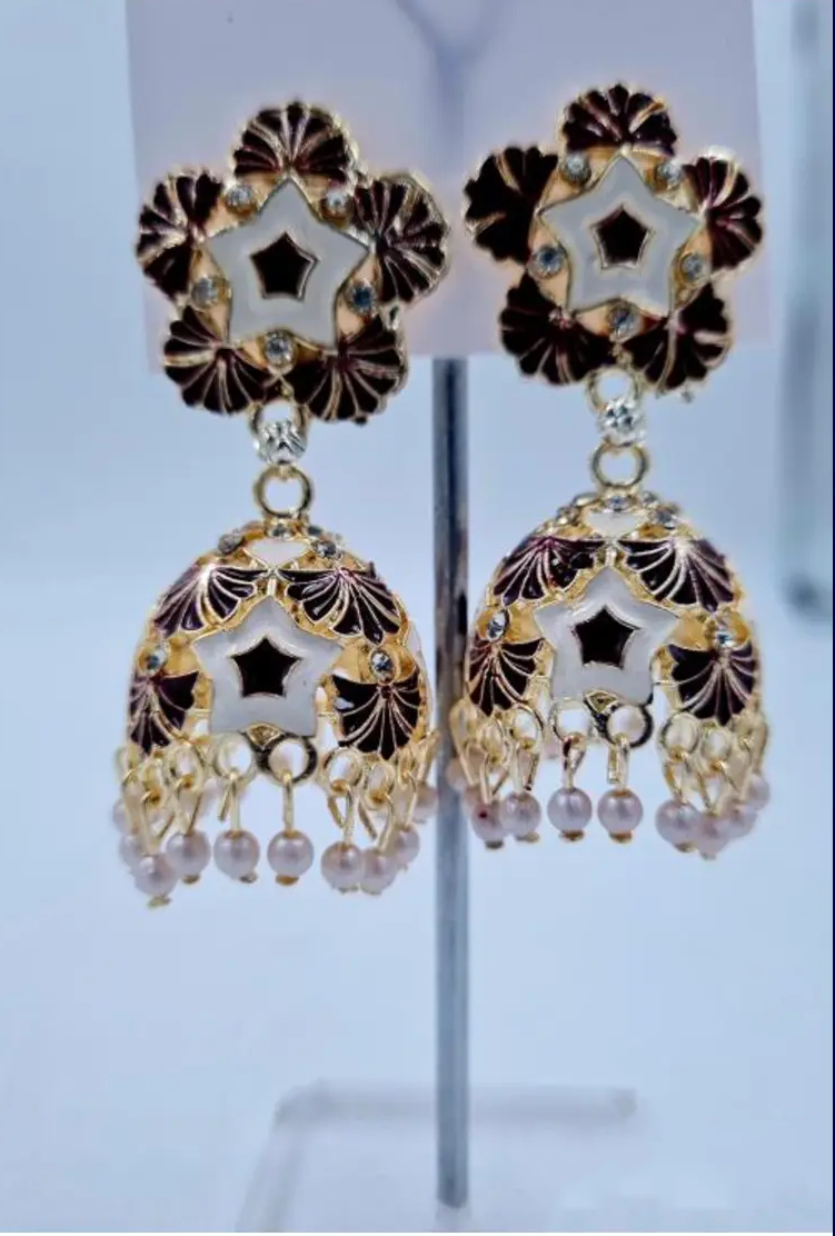"Shubh Sitara" Black & Gold Jhumka Earrings with Pearl Drops
