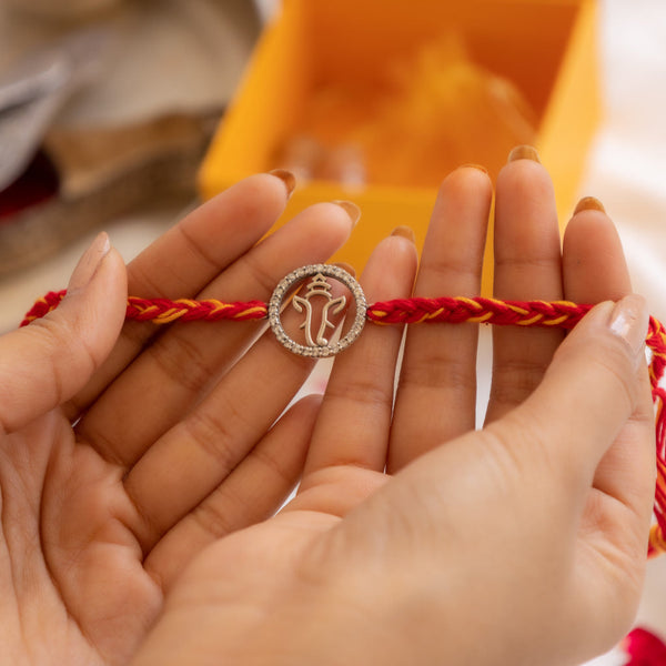 Ganesha Motif 92.5 Silver Rakhi with CZ Frame – Aneytri Spiritual Rakhi Collection