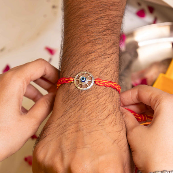 Premium 92.5 Silver Shiva Trinetra Evil Eye Rakhi with Red Moli Thread – Spiritual Raksha Bandhan Gift for Brother