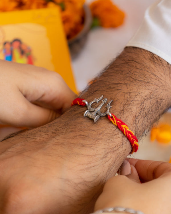 Premium Handcrafted 925 Silver Trishul Rakhi with Red Moli Thread – Spiritual Raksha Bandhan Gift for Brother