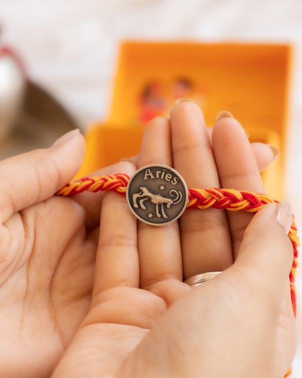 Aries Zodiac Rakhi in 92.5 Silver with Red Moli Thread – Personalized Raksha Bandhan Gift