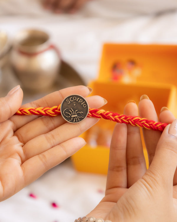 Scorpio Zodiac Rakhi in 92.5 Silver – Bold Raksha Bandhan Thread with Red Moli