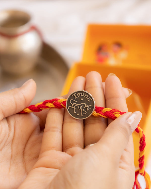 Taurus Zodiac Rakhi in 92.5 Silver with Braided Moli Thread – Aneytri