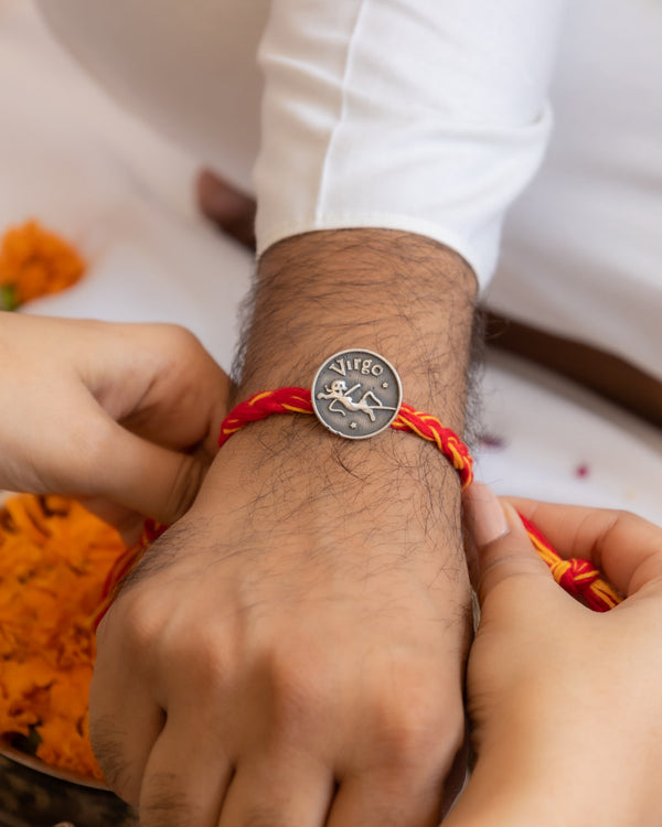 Virgo Zodiac Rakhi in 92.5 Silver with Traditional Braided Moli – Aneytri